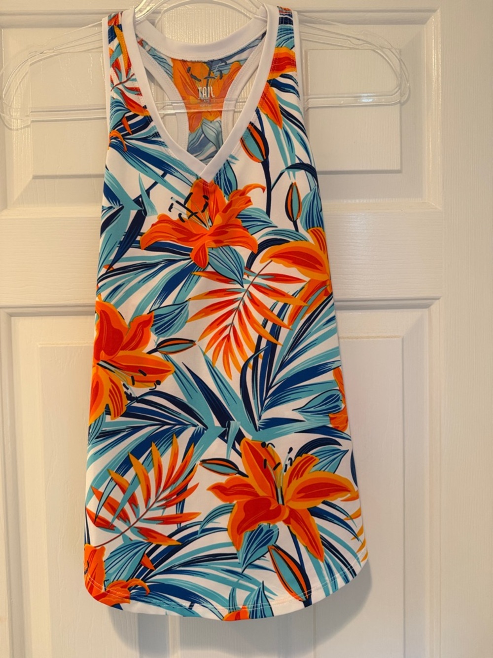 TAIL Tropical Floral Racerback Tennis Tank - Bright Orange, Aqua and Blue XS